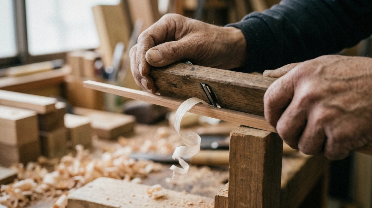 Hands using a Japanese hand plane to shave a wooden chopstick blank into shape during a chopstick making class in Tokyo